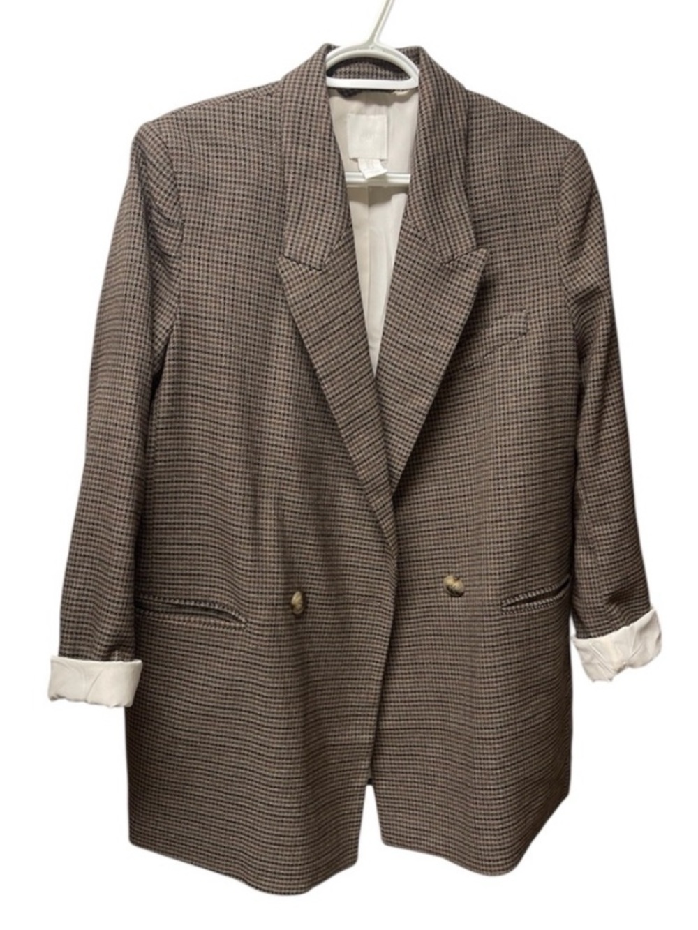 H&M checkered double-breasted tailored jacket in a brown houndstooth pattern M